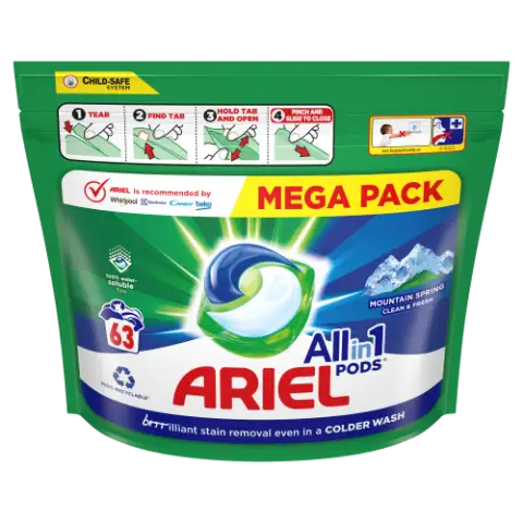 Ariel All-in-1 PODS Mountain Spring folyékony mosókapszula  63 Mosáshoz termékhez kapcsolódó kép