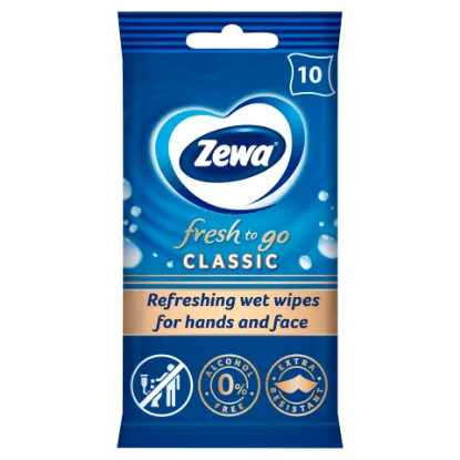 Zewa Fresh To Go Classic frissítő nedves kéz- és arctörlő kendő 10 db termékhez kapcsolódó kép
