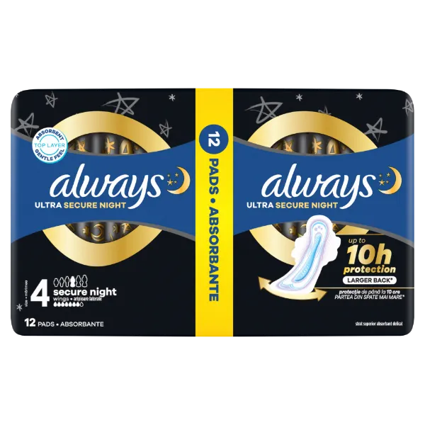 Always Ultra Secure Night (4-es Méretű) Szárnyas Betét Egészségügyi Betét, 12 Db termékhez kapcsolódó kép
