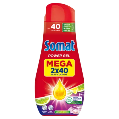 Somat All in 1 Power Gel Lemon & Lime gépi mosogatószer gél 80 mosogatás 2 x 720 ml termékhez kapcsolódó kép