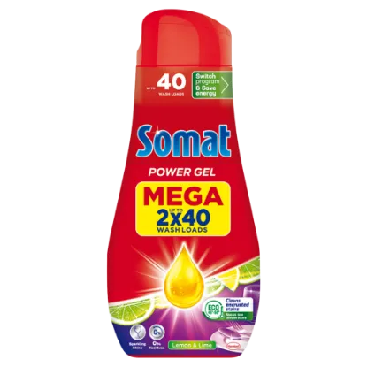Somat All in 1 Power Gel Lemon & Lime gépi mosogatószer gél 80 mosogatás 2 x 720 ml termékhez kapcsolódó kép