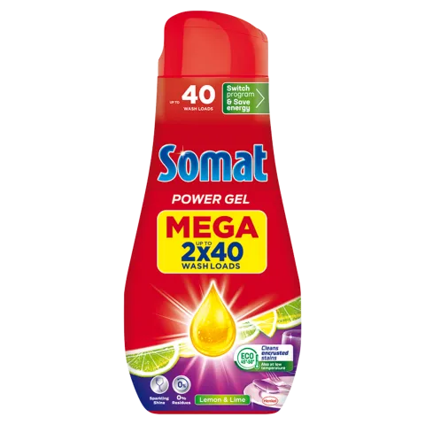 Somat All in 1 Power Gel Lemon & Lime gépi mosogatószer gél 80 mosogatás 2 x 720 ml termékhez kapcsolódó kép