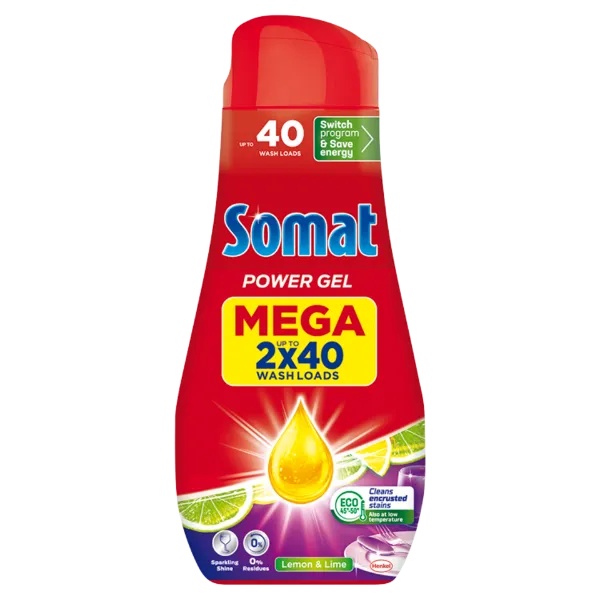 Somat All in 1 Power Gel Lemon & Lime gépi mosogatószer gél 80 mosogatás 2 x 720 ml termékhez kapcsolódó kép