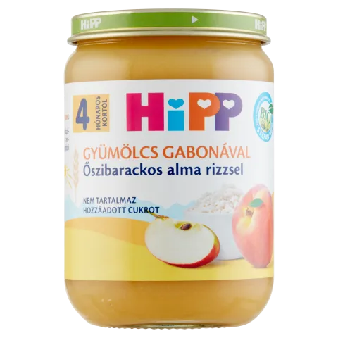 HiPP bio gyümölcskészítmény bébidesszert 190 g gabonával őszibarackos alma rizzsel  4 hó+ termékhez kapcsolódó kép