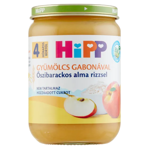 HiPP bio gyümölcskészítmény bébidesszert 190 g gabonával őszibarackos alma rizzsel  4 hó+ termékhez kapcsolódó kép