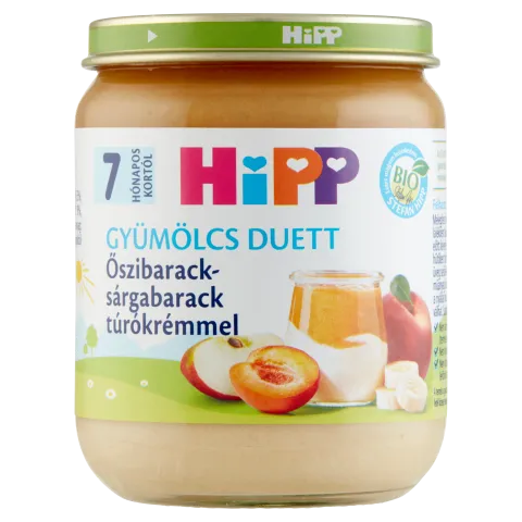 HiPP Gyümölcs Duett BIO bébidesszert 160 g őszibarack-sárgabarack túrókrémmel 7 hó+ termékhez kapcsolódó kép