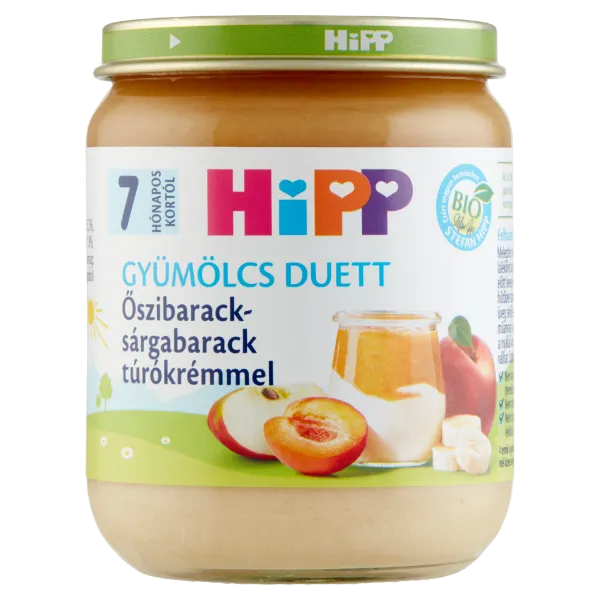 HiPP Gyümölcs Duett BIO bébidesszert 160 g őszibarack-sárgabarack túrókrémmel 7 hó+ termékhez kapcsolódó kép