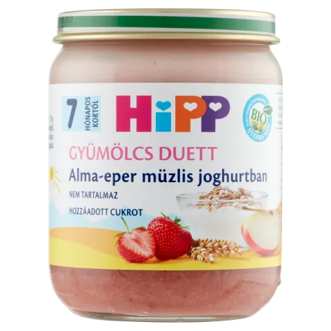 HiPP Gyümölcs Duett BIO bébidesszert 160 g alma-eper müzlis joghurtban 7 hó+ termékhez kapcsolódó kép