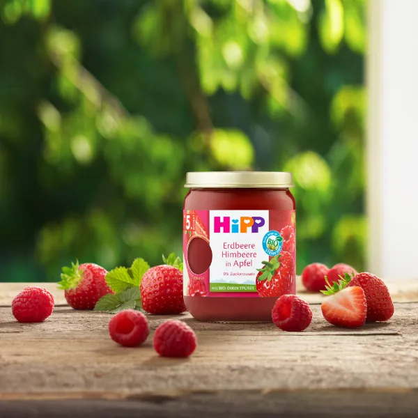 HiPP bio gyümölcskészítmény bébidesszert 160 g alma eperrel és málnával 5 hó+ termékhez kapcsolódó kép