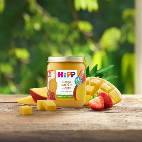 HiPP bio gyümölcskészítmény bébidesszert 160 g alma mangóval és eperrel 6 hó+ termékhez kapcsolódó kép