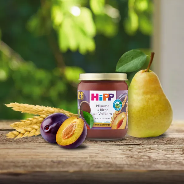 HiPP bio gyümölcskészítmény gabonával körte-szilva bébidesszert 6 hó+ 160 g termékhez kapcsolódó kép
