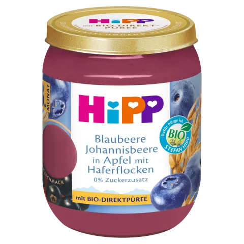 HiPP bio gyümölcskészítmény bébidesszert 160 g gabonával alma-áfonya-feketeribizli 8 hó+ termékhez kapcsolódó kép