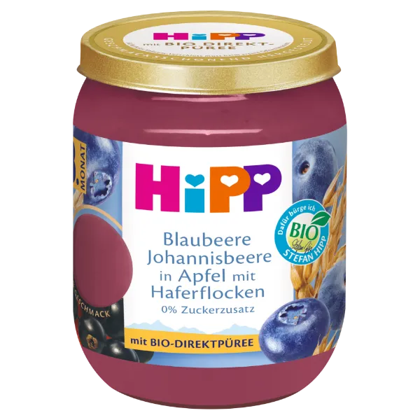 HiPP bio gyümölcskészítmény bébidesszert 160 g gabonával alma-áfonya-feketeribizli 8 hó+ termékhez kapcsolódó kép