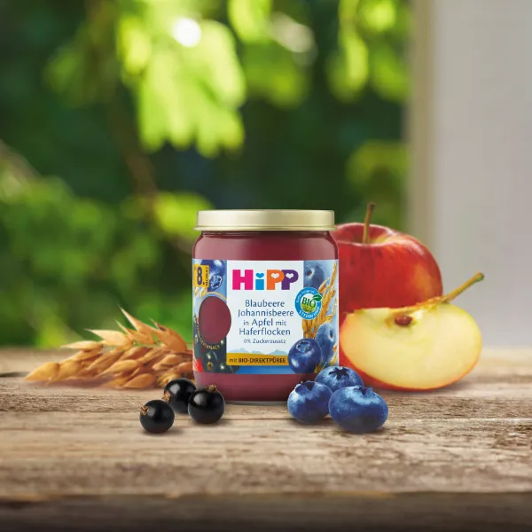 HiPP bio gyümölcskészítmény bébidesszert 160 g gabonával alma-áfonya-feketeribizli 8 hó+ termékhez kapcsolódó kép