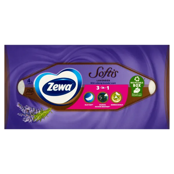Zewa Softis Lavender illatosított dobozos papírzsebkendő 4 rétegű 80 db termékhez kapcsolódó kép