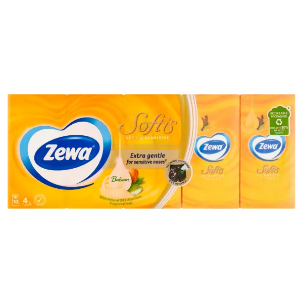 Zewa Softis Soft & Sensitive illatmentes papír zsebkendő 4 rétegű 10 x 9 db termékhez kapcsolódó kép