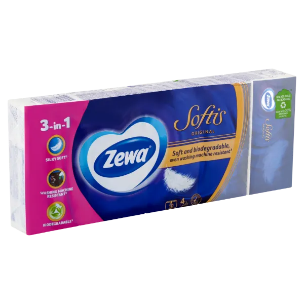 Zewa Softis Original illatmentes papír zsebkendő 4 rétegű 10 x 9 db termékhez kapcsolódó kép