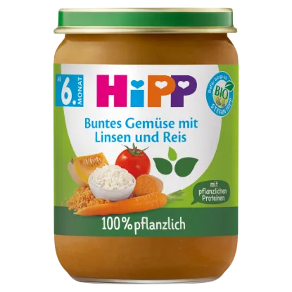 HiPP bio zöldségek lencsével, zöldséggel és rizzsel bébiétel 6 hó+190 g termékhez kapcsolódó kép