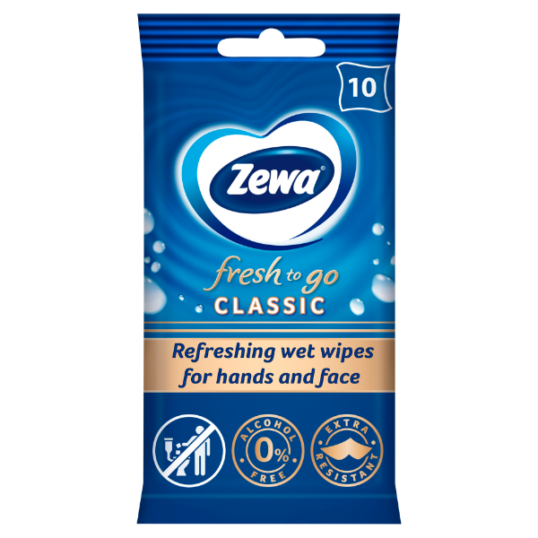 Zewa Fresh To Go Classic frissítő nedves kéz- és arctörlő kendő 10 db termékhez kapcsolódó kép