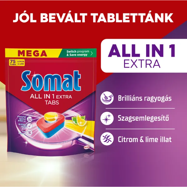 Somat All in 1 Extra Lemon & Lime gépi mosogatótabletta 75 db 1245 g termékhez kapcsolódó kép