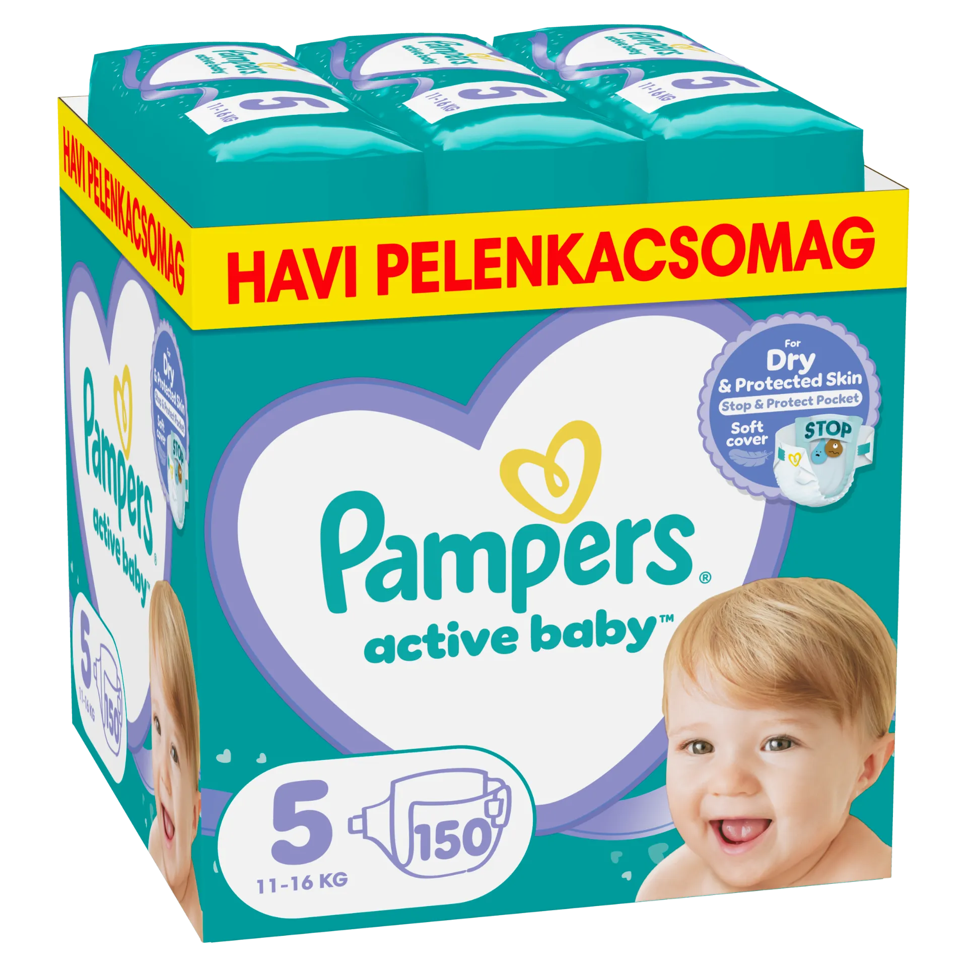 Pampers Active Baby pelenka - havi pelenkacsomag, Méret: 5, 150 db Pelenka, 11kg-16kg