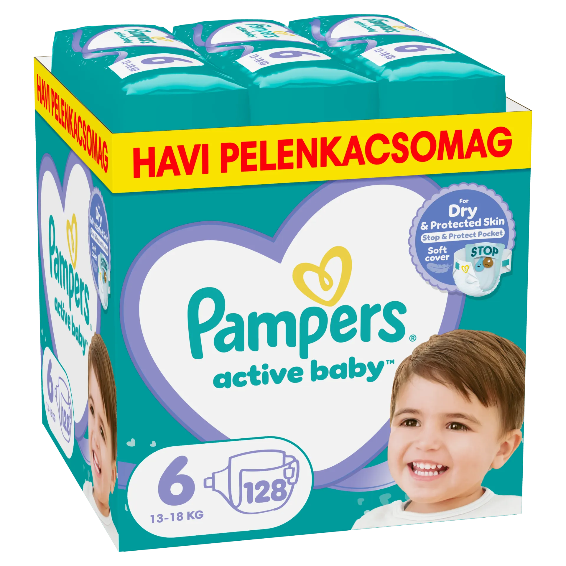 Pampers Active Baby pelenka - havi pelenkacsomag, Méret: 6, 128 db Pelenka, 13kg - 18kg