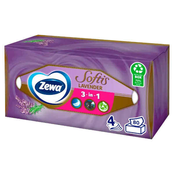 Zewa Softis Lavender illatosított dobozos papír zsebkendő 4 rétegű 80 db termékhez kapcsolódó kép