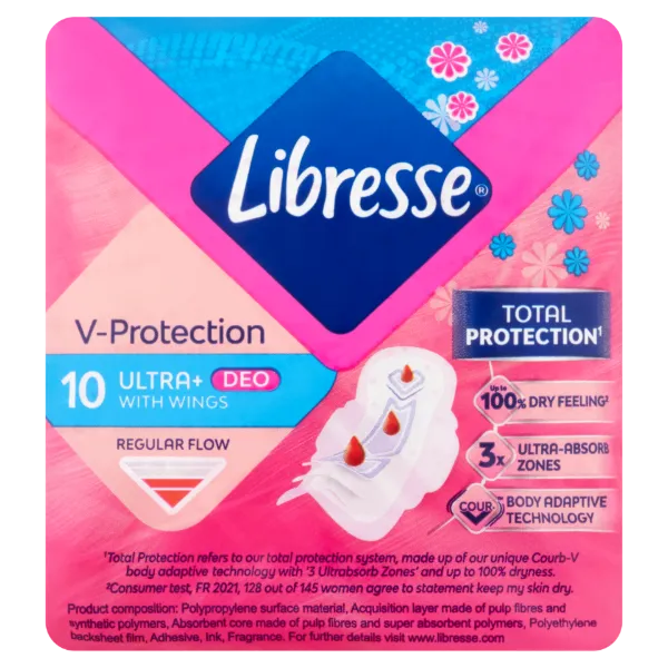 Libresse V-Protection Ultra+ Deo enyhén illatosított egészségügyi betét 10 db termékhez kapcsolódó kép