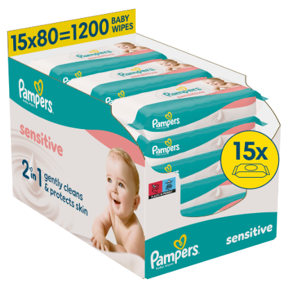 Pampers Sensitive Baby Nedves Törlőkendő, 15 Csomag x 80 Törlőkendő = 1200 db Baba Nedves Törlőkendő termékhez kapcsolódó kép