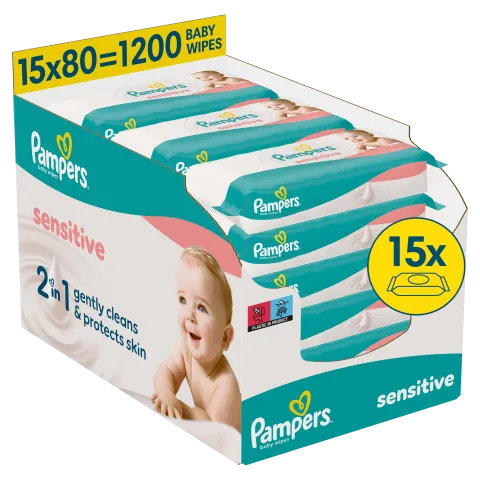 Pampers Sensitive Baby Nedves Törlőkendő, 15 Csomag x 80 Törlőkendő = 1200 db Baba Nedves Törlőkendő termékhez kapcsolódó kép