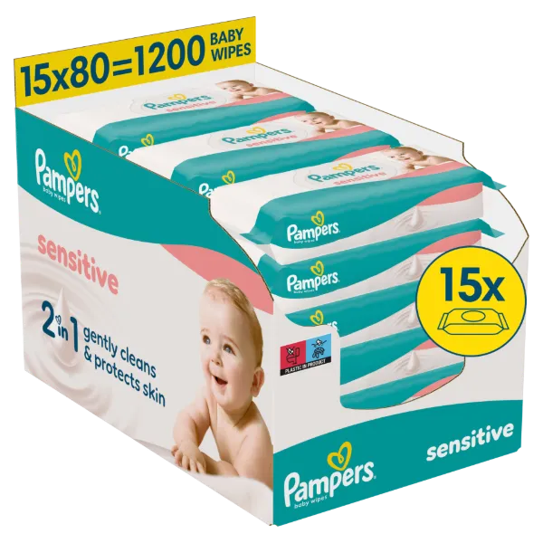 Pampers Sensitive Baby Nedves Törlőkendő, 15 Csomag x 80 Törlőkendő = 1200 db Baba Nedves Törlőkendő termékhez kapcsolódó kép