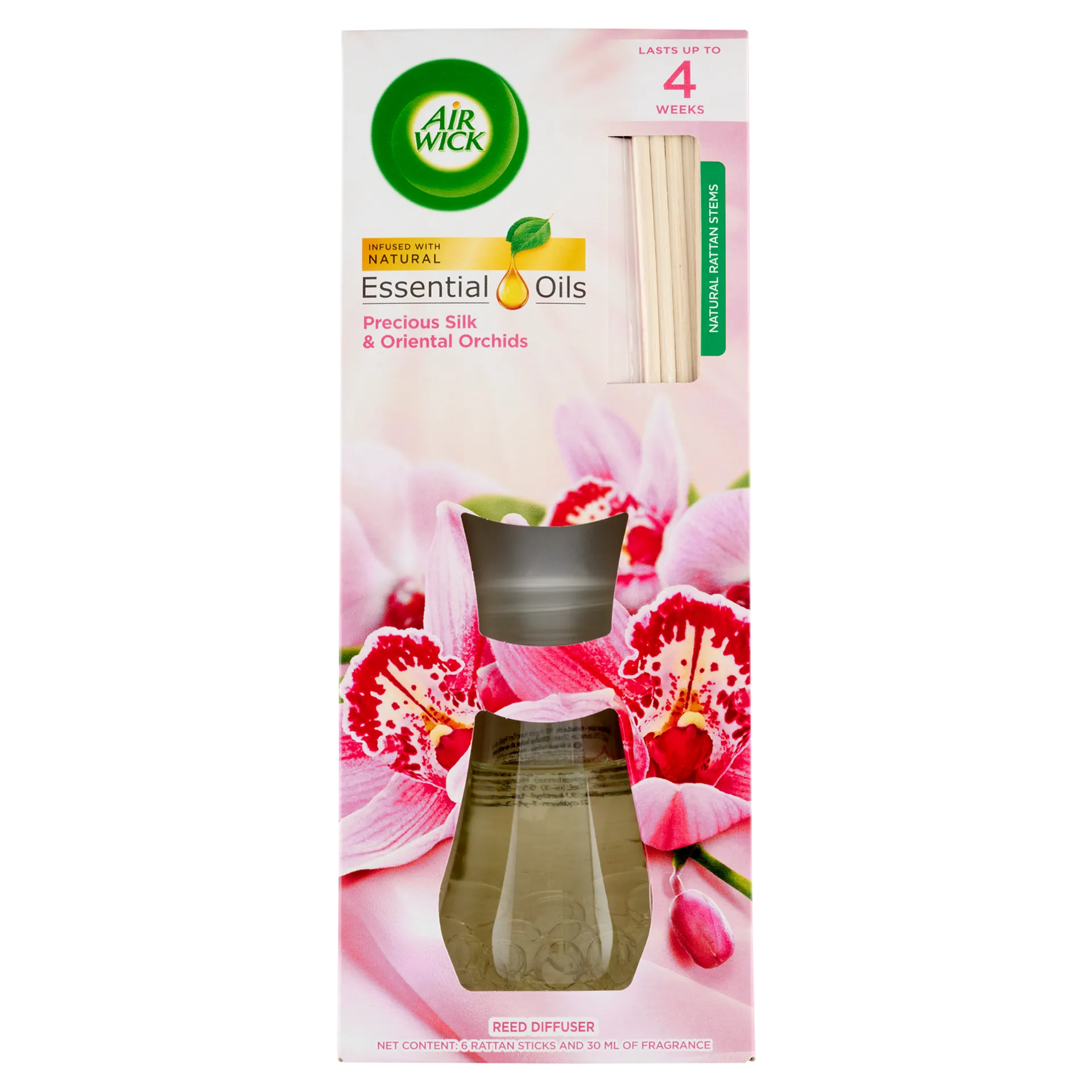Air Wick Essential Oils Selyem és Keleti Orchidea pálcikás légfrissítő 30 ml
