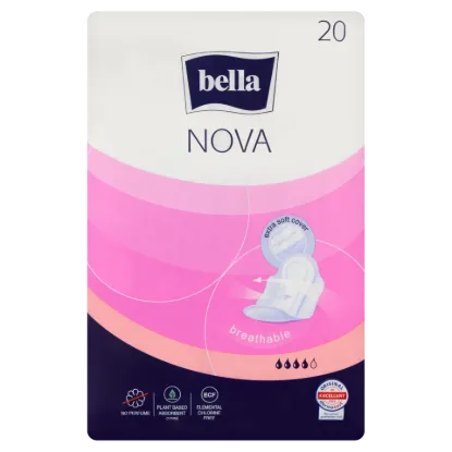 Bella Nova légáteresztő, szárnyakkal rögzíthető egészségügyi betét szálfátyol fedőréteggel 20 db termékhez kapcsolódó kép