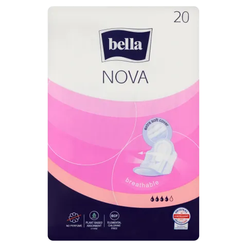 Bella Nova légáteresztő, szárnyakkal rögzíthető egészségügyi betét szálfátyol fedőréteggel 20 db termékhez kapcsolódó kép