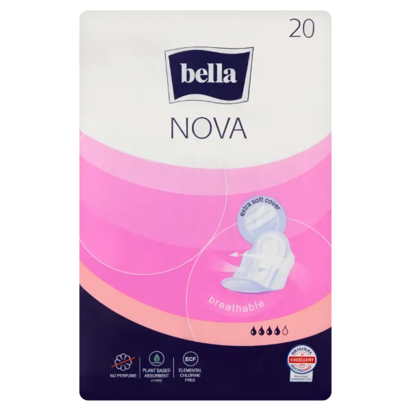 Bella Nova légáteresztő, szárnyakkal rögzíthető egészségügyi betét szálfátyol fedőréteggel 20 db termékhez kapcsolódó kép