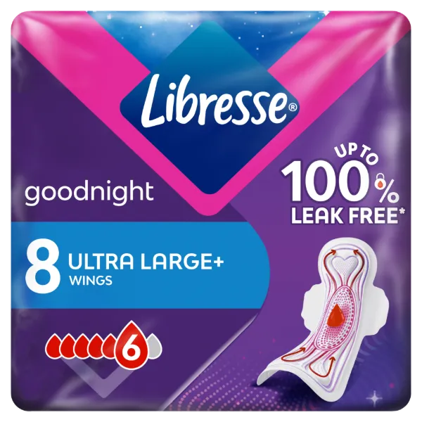Libresse Ultra Large+ Goodnight egészségügyi betét éjszakai használatra 8 db termékhez kapcsolódó kép