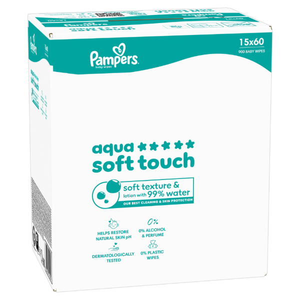Pampers Aqua Soft Touch Baby Nedves Törlőkendő, 15 Csomag x 60 Törlőkendő  db Baba Nedves Törlőkendő termékhez kapcsolódó kép