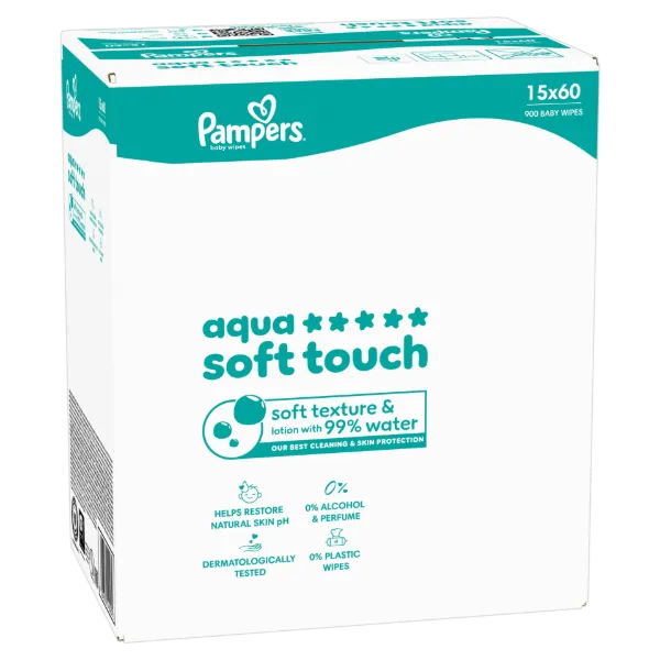 Pampers Aqua Soft Touch Baby Nedves Törlőkendő, 15 Csomag x 60 Törlőkendő  db Baba Nedves Törlőkendő termékhez kapcsolódó kép
