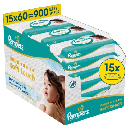 Pampers Aqua Soft Touch Baby Nedves Törlőkendő, 15 Csomag x 60 Törlőkendő  db Baba Nedves Törlőkendő termékhez kapcsolódó kép