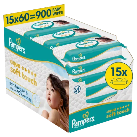 Pampers Aqua Soft Touch Baby Nedves Törlőkendő, 15 Csomag x 60 Törlőkendő  db Baba Nedves Törlőkendő termékhez kapcsolódó kép