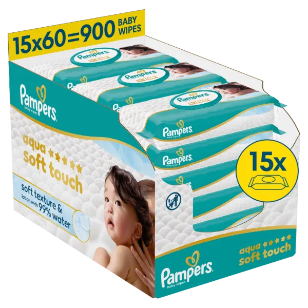 Pampers Aqua Soft Touch Baby Nedves Törlőkendő, 15 Csomag x 60 Törlőkendő  db Baba Nedves Törlőkendő termékhez kapcsolódó kép