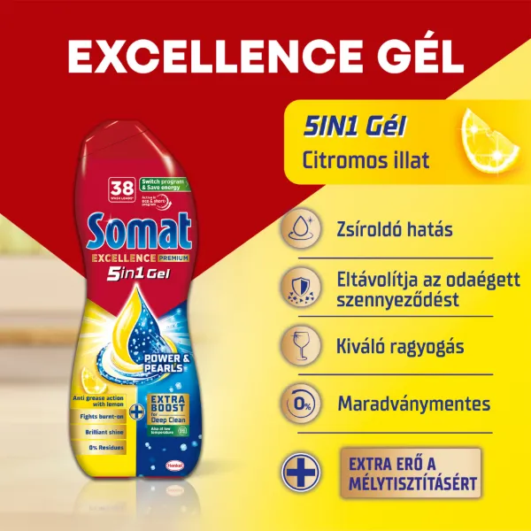 Somat Excellence Premium Power & Pearls gépi mosogatószer gél 38 mosogatás 684 ml termékhez kapcsolódó kép
