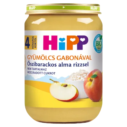 HiPP Gyümölcs Gabonával bio őszibarackos alma rizzsel bébidesszert 4 hónapos kortól 190 g termékhez kapcsolódó kép