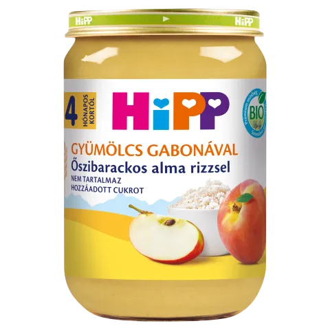 HiPP Gyümölcs Gabonával bio őszibarackos alma rizzsel bébidesszert 4 hónapos kortól 190 g termékhez kapcsolódó kép