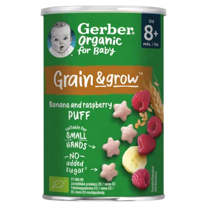 Gerber bio gabonasnack banán-málna 8 hónapos kortól 35g termékhez kapcsolódó kép