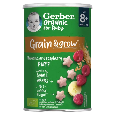 Gerber bio gabonasnack banán-málna 8 hónapos kortól 35g termékhez kapcsolódó kép
