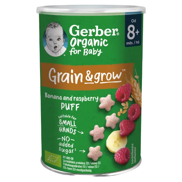Gerber bio gabonasnack banán-málna 8 hónapos kortól 35g termékhez kapcsolódó kép