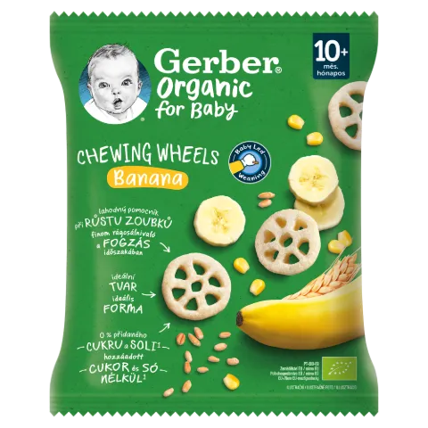 Gerber Chewing Wheels banános bio gabonasnack, 10 hónapos kortól 28 g termékhez kapcsolódó kép